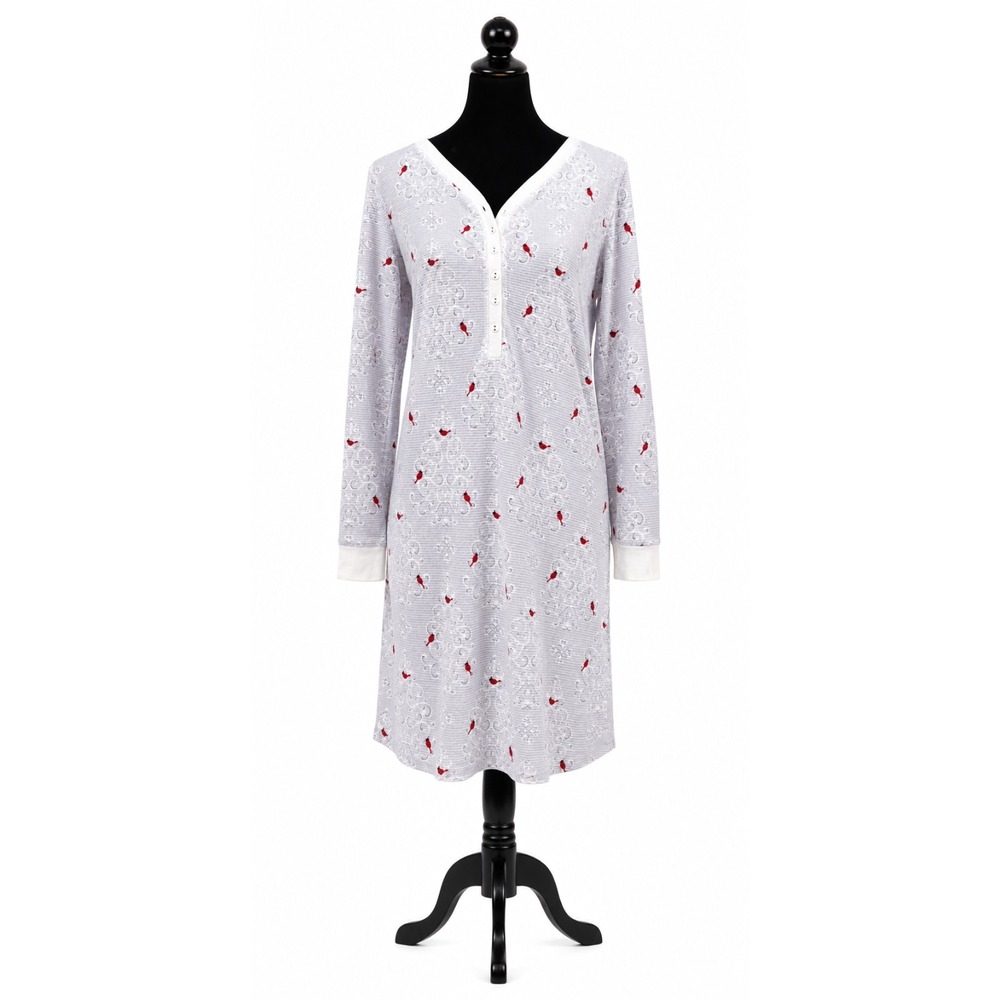 Charter Club Intimates Womens Sleepshirt Small Gray Cardinal Scroll Ribbed Knit‎